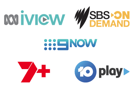 Available catch-up TV services include ABC iView, SBS On Demand, 9 Now, 7 Plus, and 10 Play.
