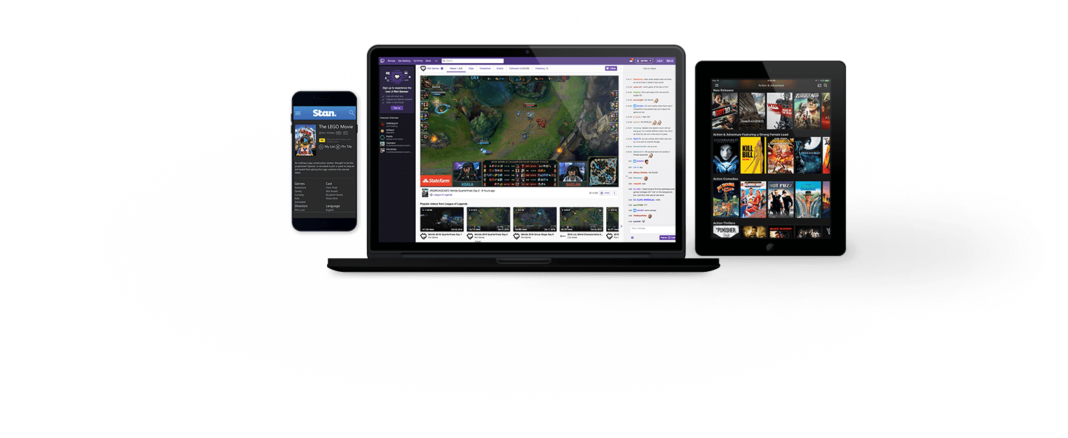 Devices showing Stan, Twitch, and Netflix
