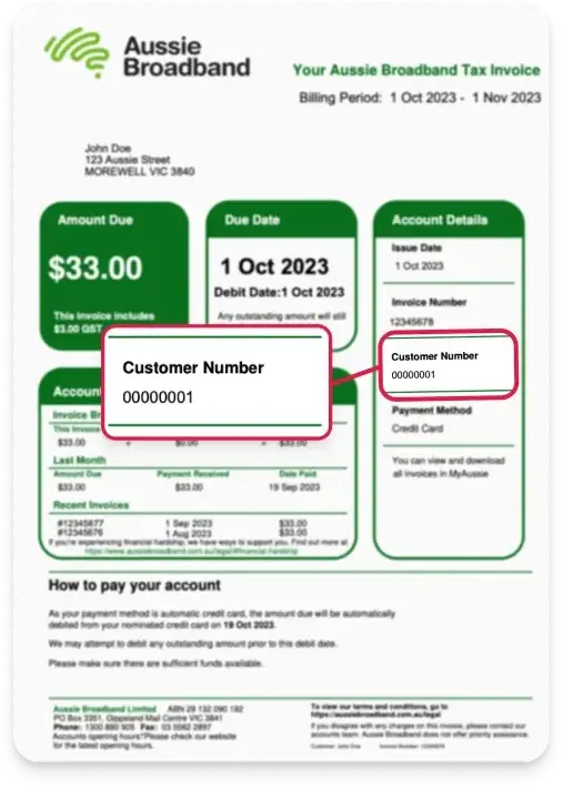 Aussie Broadband Bill showing the location of the customer ID